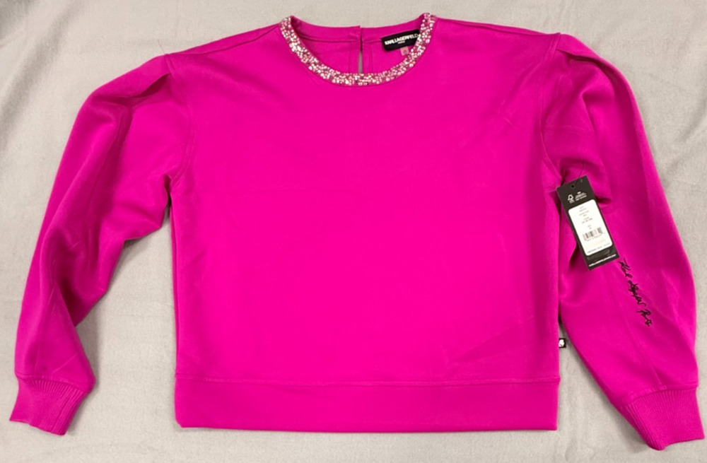 Karl Lagerfeld Sweatshirt Womens XS Bright Jewel Pink Puff Sleeve Preppy NWT